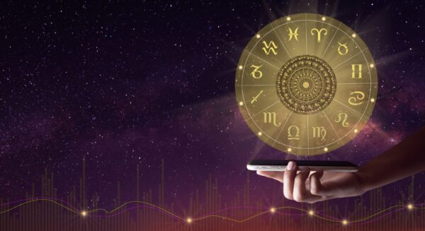 A detailed horoscope chart with celestial bodies and zodiac signs representing the year 2025.