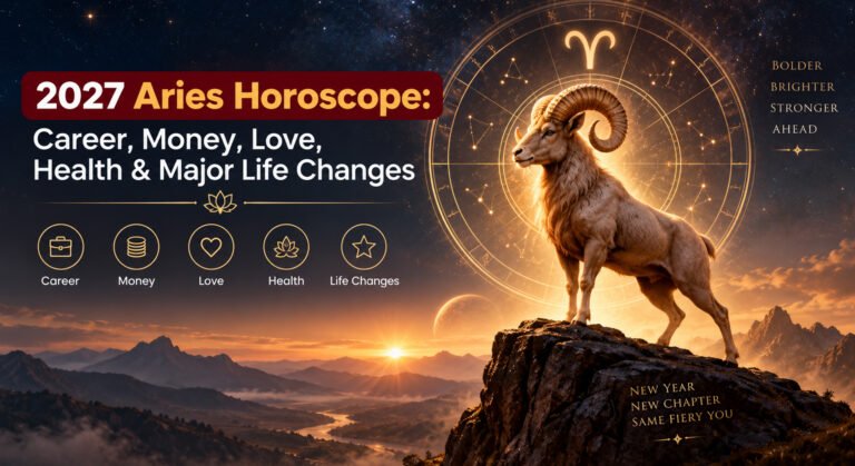A confident Aries symbol with astrological charts and career icons in the background