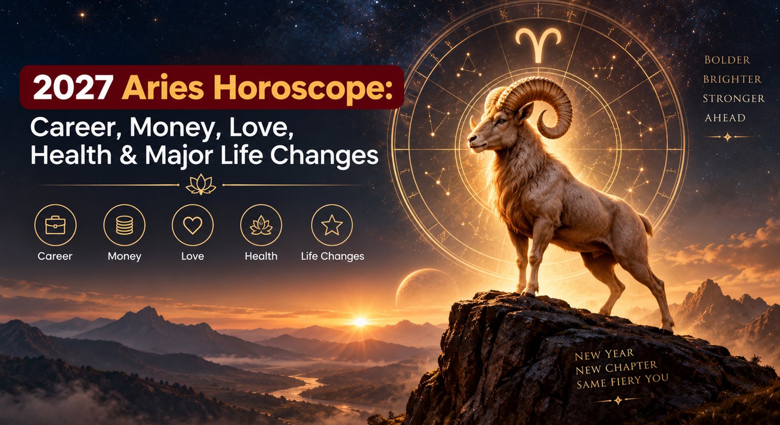 A confident Aries symbol with astrological charts and career icons in the background