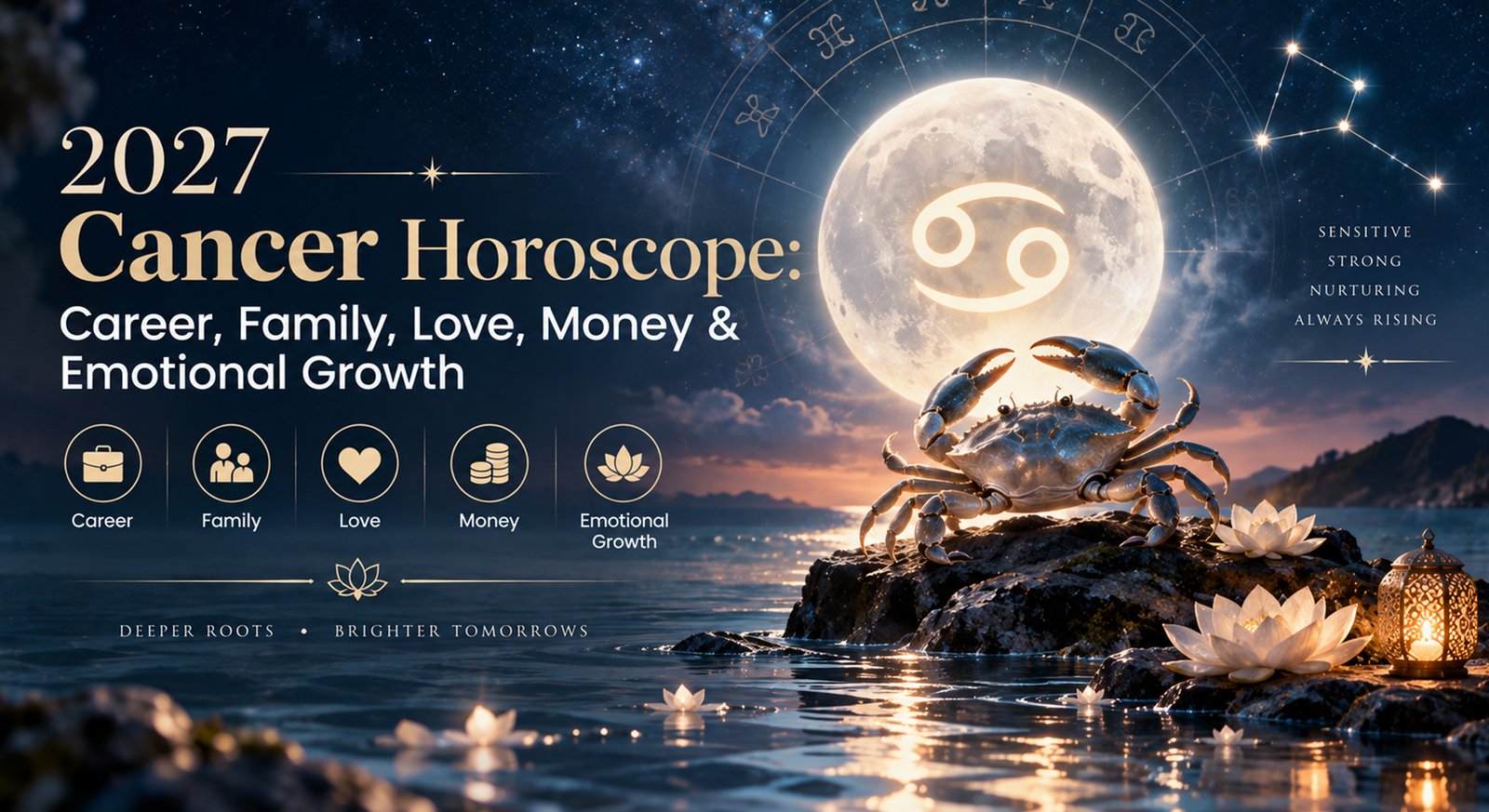 A woman reading a horoscope on her laptop with zodiac symbols nearby