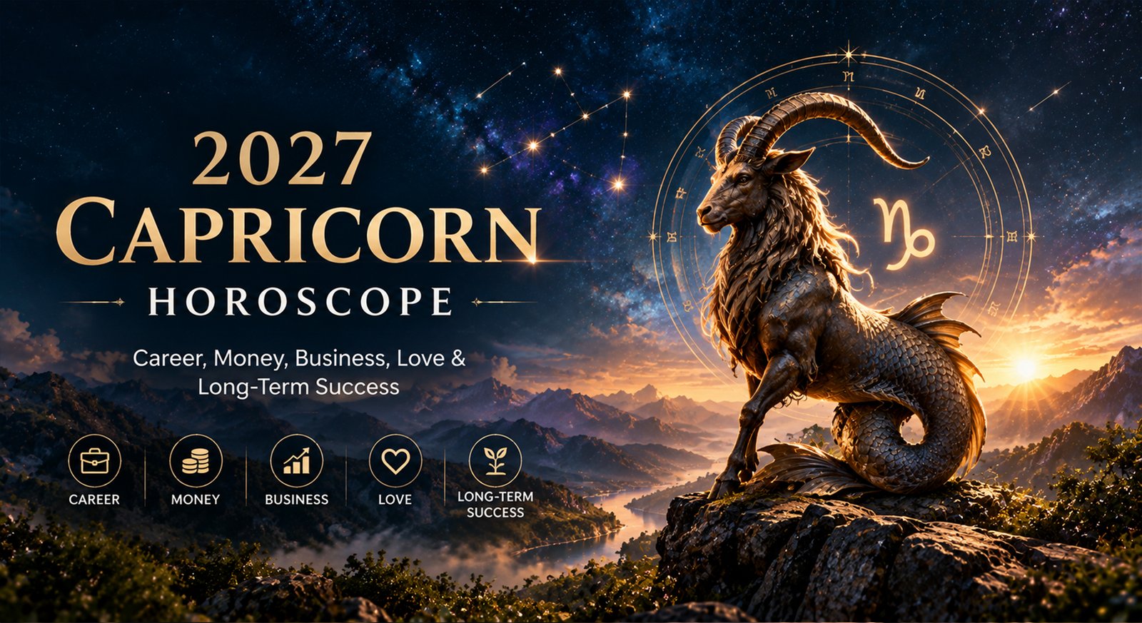 A Capricorn symbol with astrological charts and financial graphs for 2027 Capricorn Horoscope