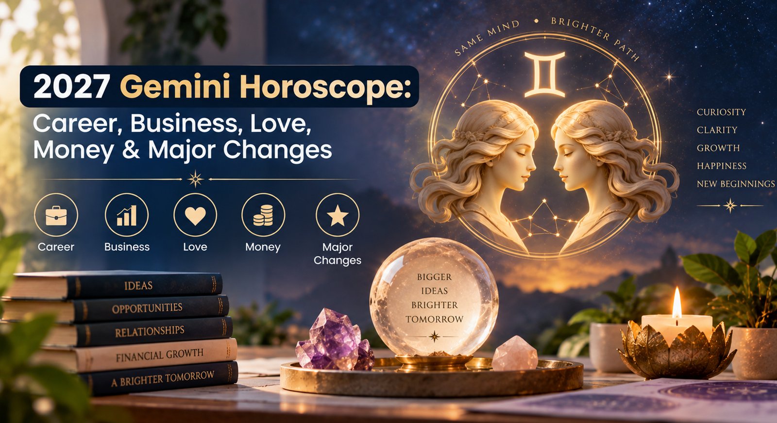 A Gemini zodiac symbol glowing over a city skyline representing 2027 Gemini Horoscope