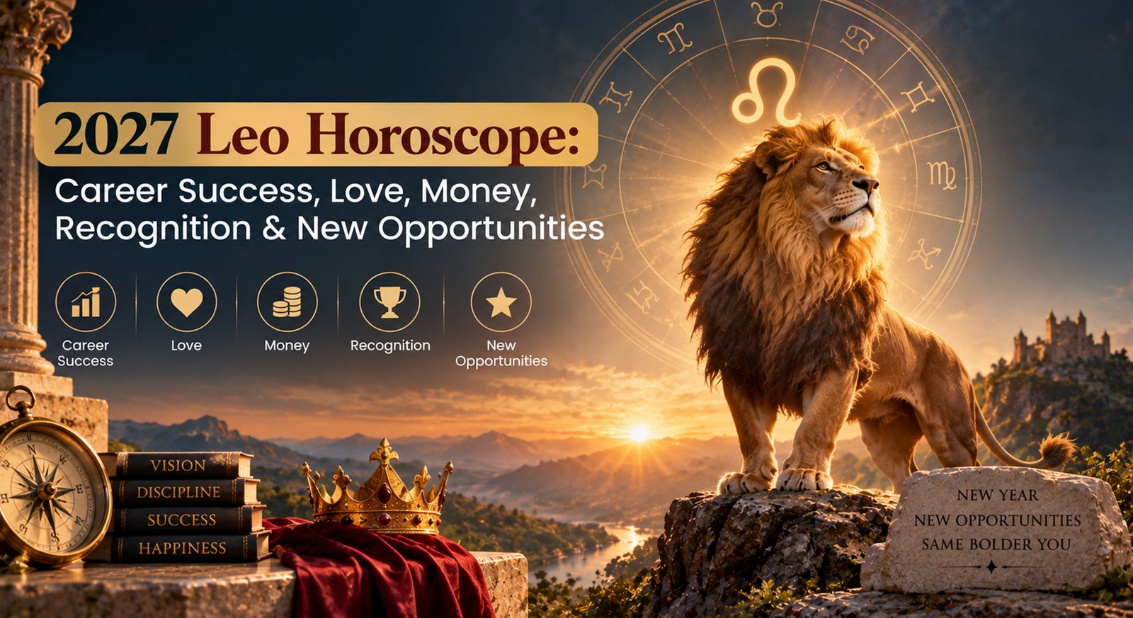 Home A confident Leo person surrounded by symbols of career, love, and money in 2027