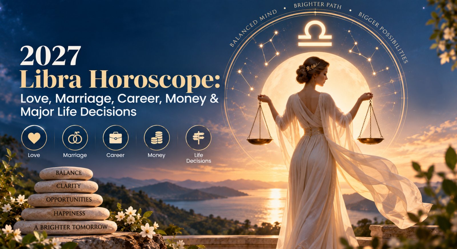Home A Libra zodiac symbol with icons representing love, career, and money in 2027 Libra Horoscope