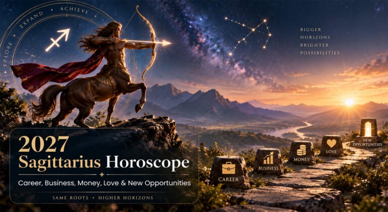 A Sagittarius symbol glowing over a city skyline with astrological charts and money icons in the background for 2027