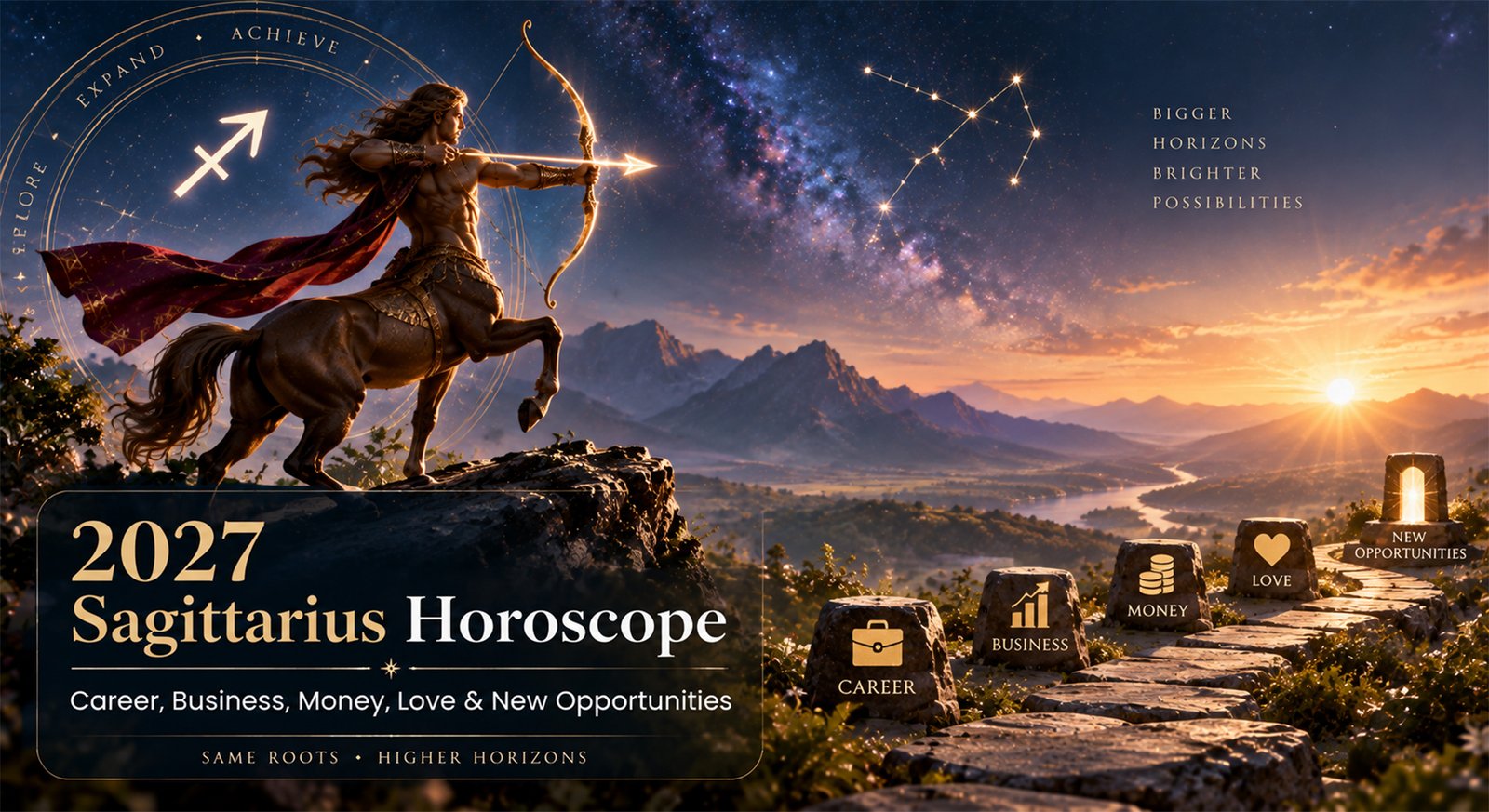 A Sagittarius symbol glowing over a city skyline with astrological charts and money icons in the background for 2027