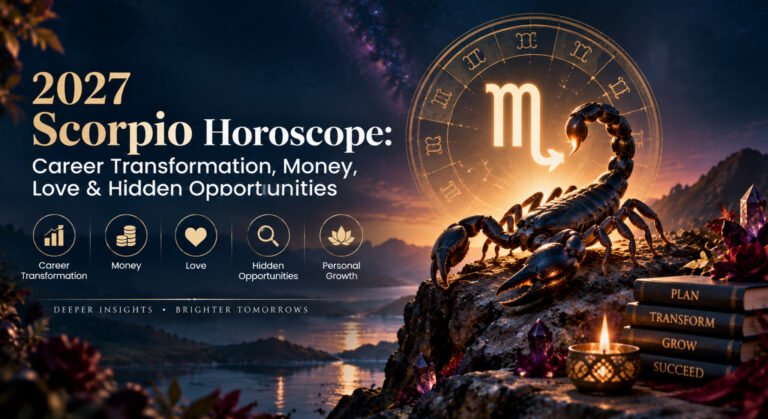 A Scorpio zodiac symbol glowing over a cosmic background with stars and planets