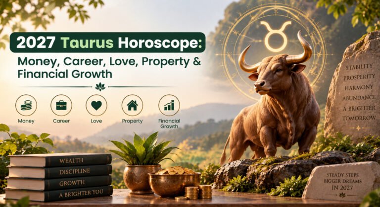 A Taurus zodiac symbol surrounded by icons of money, career, love, and property for 2027 Taurus Horoscope