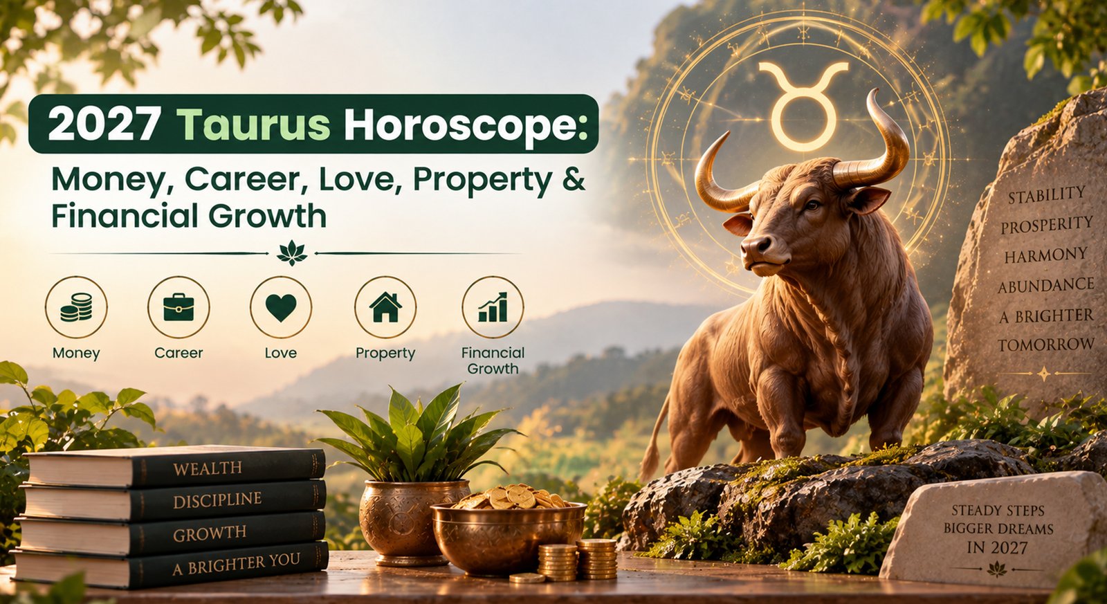 A Taurus zodiac symbol surrounded by icons of money, career, love, and property for 2027 Taurus Horoscope