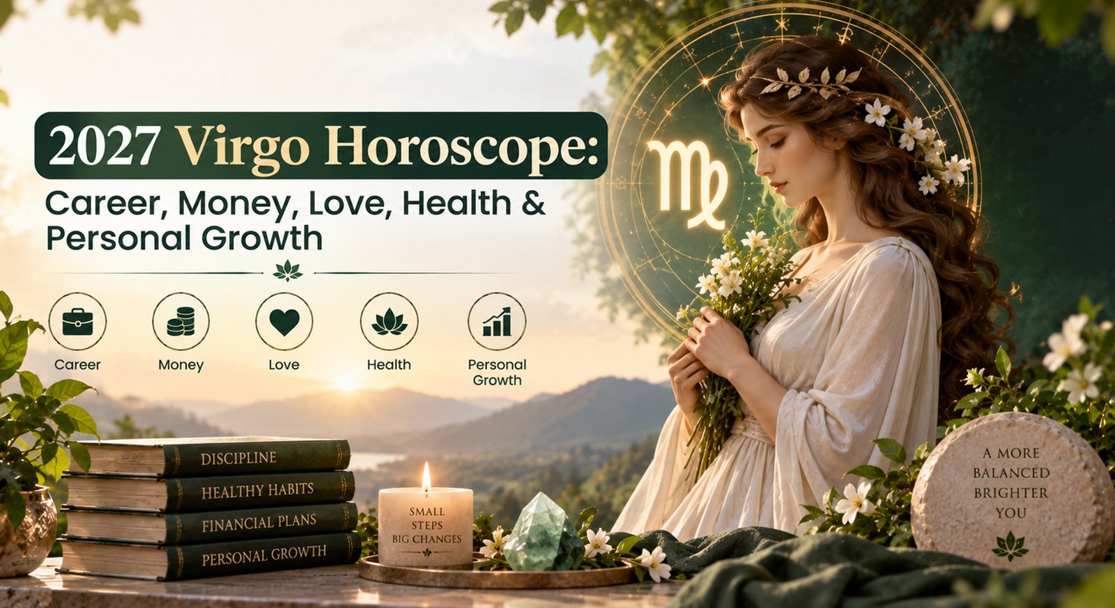 A woman studying astrology charts with Virgo constellation and 2027 Virgo Horoscope text visible