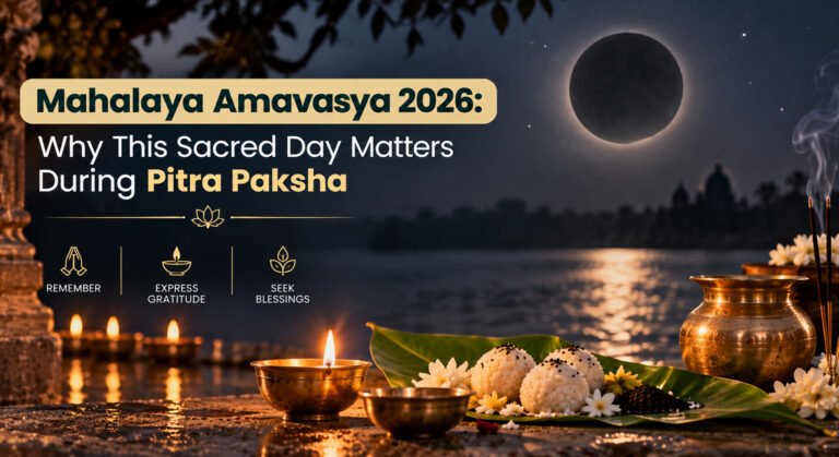 A priest performing rituals with oil lamps and offerings on Mahalaya Amavasya 2026