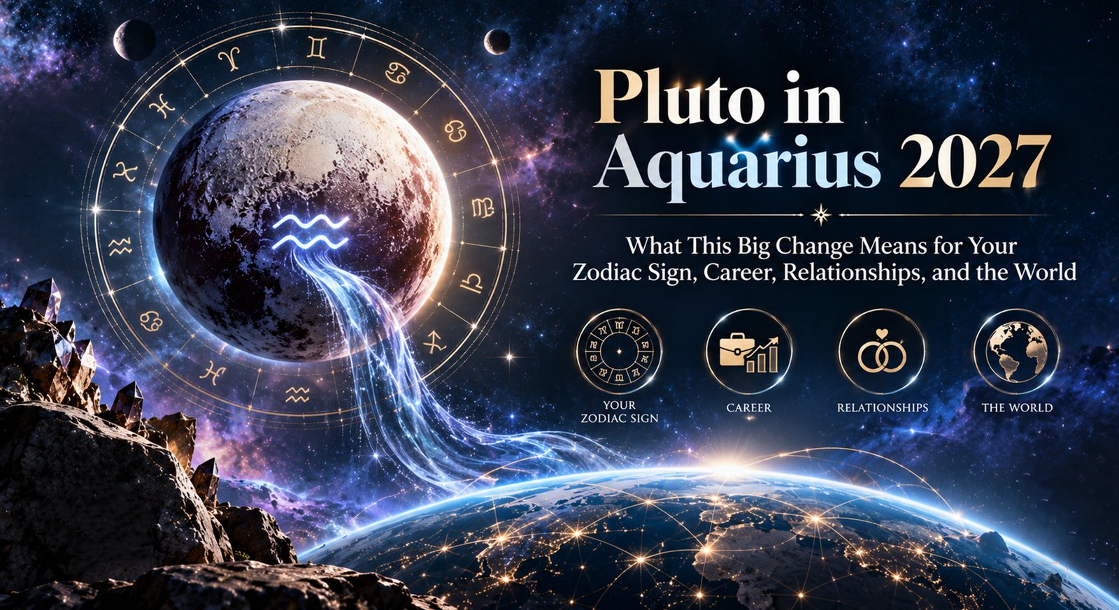A glowing Pluto symbol overlapping the Aquarius water bearer constellation in space